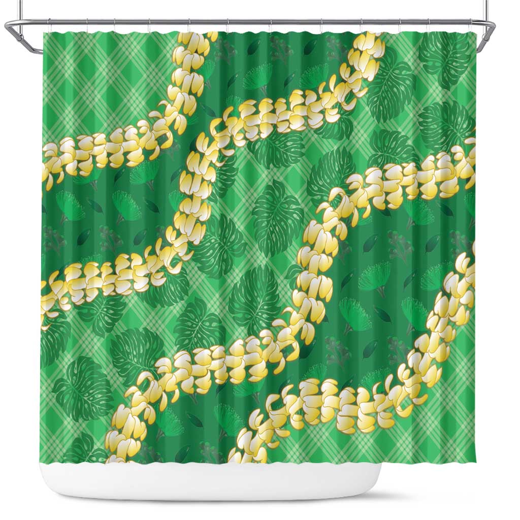 Green Palaka Hawaii Mele Kalikimaka Shower Curtain Ohia Lehua Monstera Puakenikeni Lei - Polynesian Pride