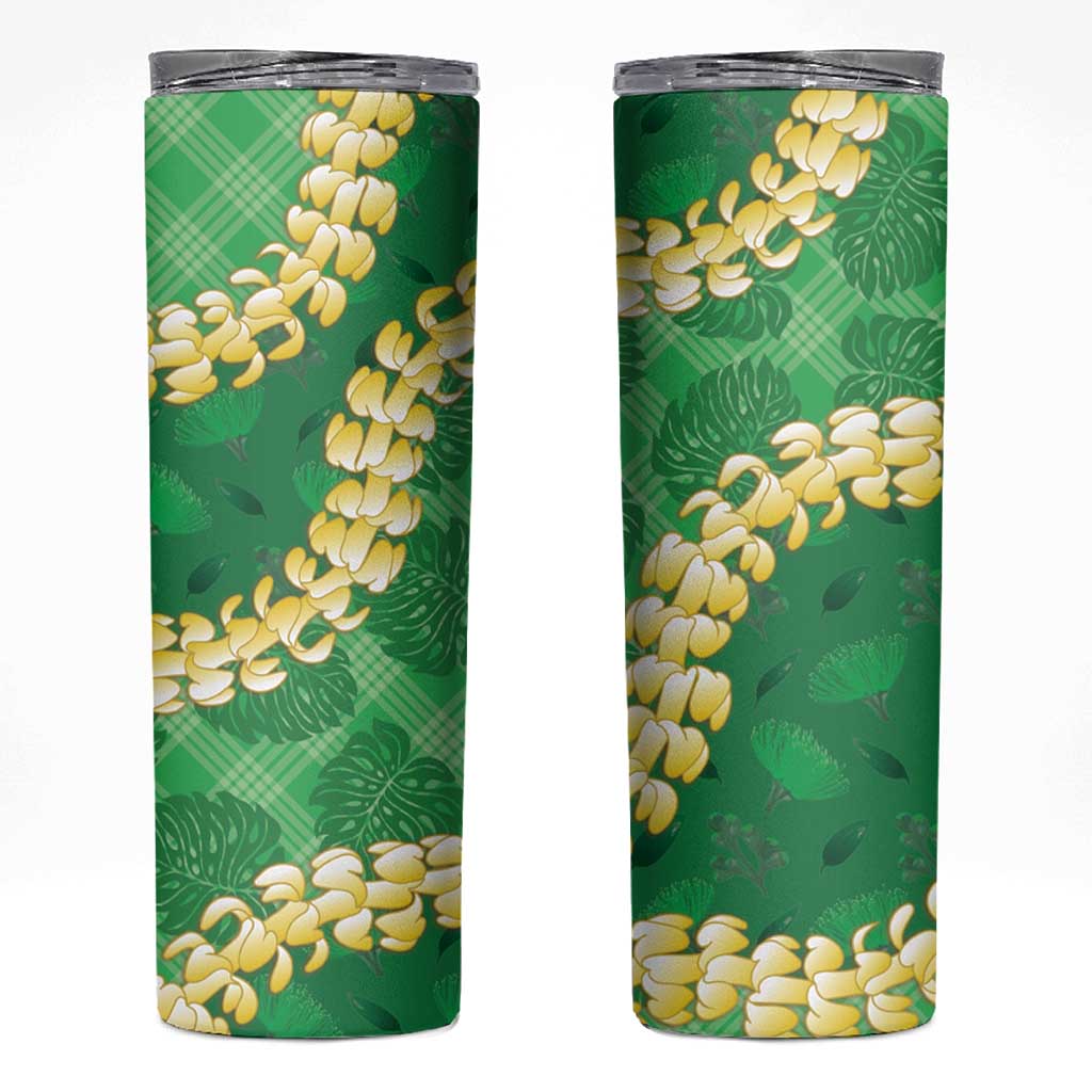 Green Palaka Hawaii Mele Kalikimaka Skinny Tumbler Ohia Lehua Monstera Puakenikeni Lei LT14 Green - Polynesian Pride