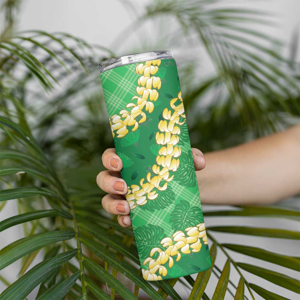 Green Palaka Hawaii Mele Kalikimaka Skinny Tumbler Ohia Lehua Monstera Puakenikeni Lei LT14 - Polynesian Pride