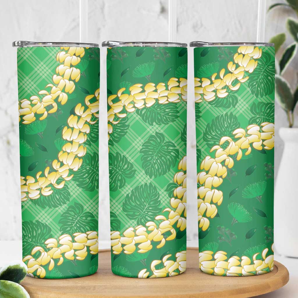 Green Palaka Hawaii Mele Kalikimaka Skinny Tumbler Ohia Lehua Monstera Puakenikeni Lei LT14 - Polynesian Pride