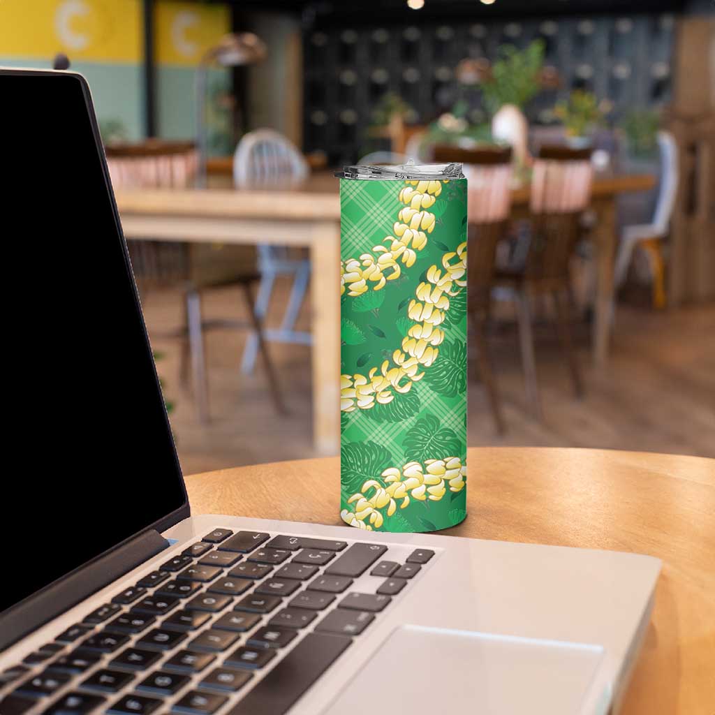 Green Palaka Hawaii Mele Kalikimaka Skinny Tumbler Ohia Lehua Monstera Puakenikeni Lei LT14 - Polynesian Pride