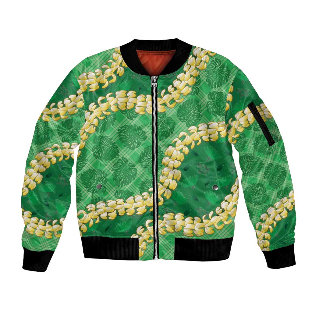 Green Palaka Hawaii Mele Kalikimaka Sleeve Zip Bomber Jacket Ohia Lehua Monstera Puakenikeni Lei LT14 Unisex Green - Polynesian Pride