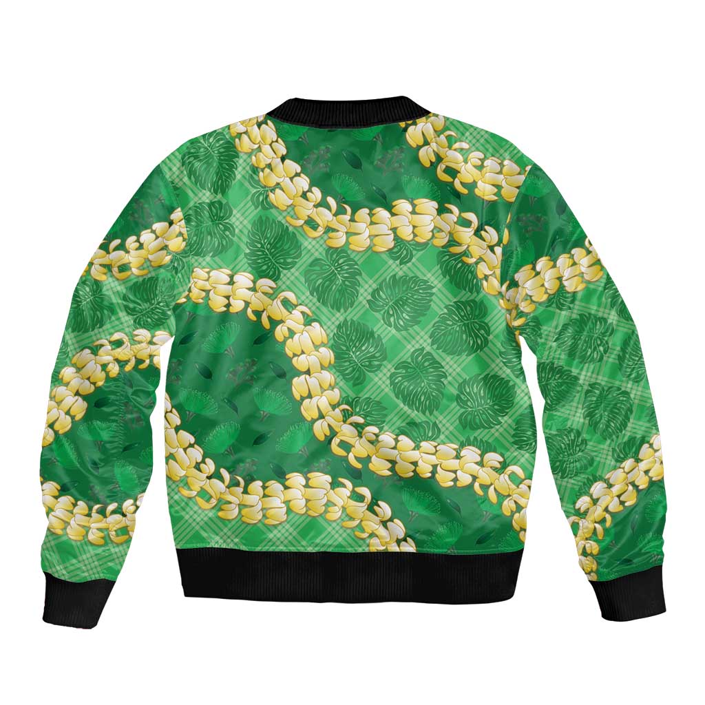 Green Palaka Hawaii Mele Kalikimaka Sleeve Zip Bomber Jacket Ohia Lehua Monstera Puakenikeni Lei LT14 - Polynesian Pride