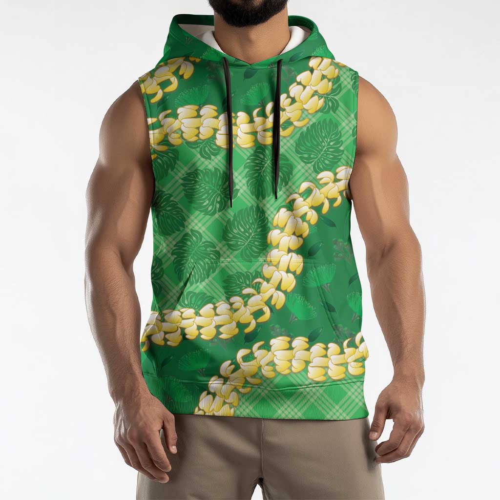 Green Palaka Hawaii Mele Kalikimaka Sleeveless Hoodie Ohia Lehua Monstera Puakenikeni Lei LT14 - Polynesian Pride