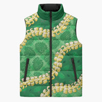 Green Palaka Hawaii Mele Kalikimaka Sleeveless Puffer Jacket Ohia Lehua Monstera Puakenikeni Lei LT14 Unisex Green - Polynesian Pride