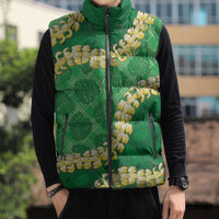 Green Palaka Hawaii Mele Kalikimaka Sleeveless Puffer Jacket Ohia Lehua Monstera Puakenikeni Lei LT14 - Polynesian Pride