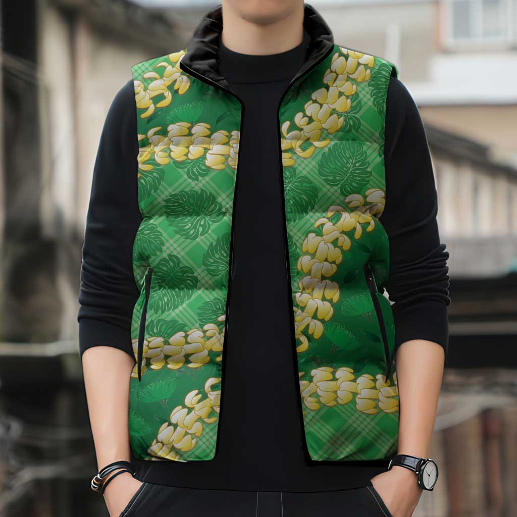 Green Palaka Hawaii Mele Kalikimaka Sleeveless Puffer Jacket Ohia Lehua Monstera Puakenikeni Lei LT14 - Polynesian Pride