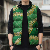 Green Palaka Hawaii Mele Kalikimaka Sleeveless Puffer Jacket Ohia Lehua Monstera Puakenikeni Lei LT14 - Polynesian Pride