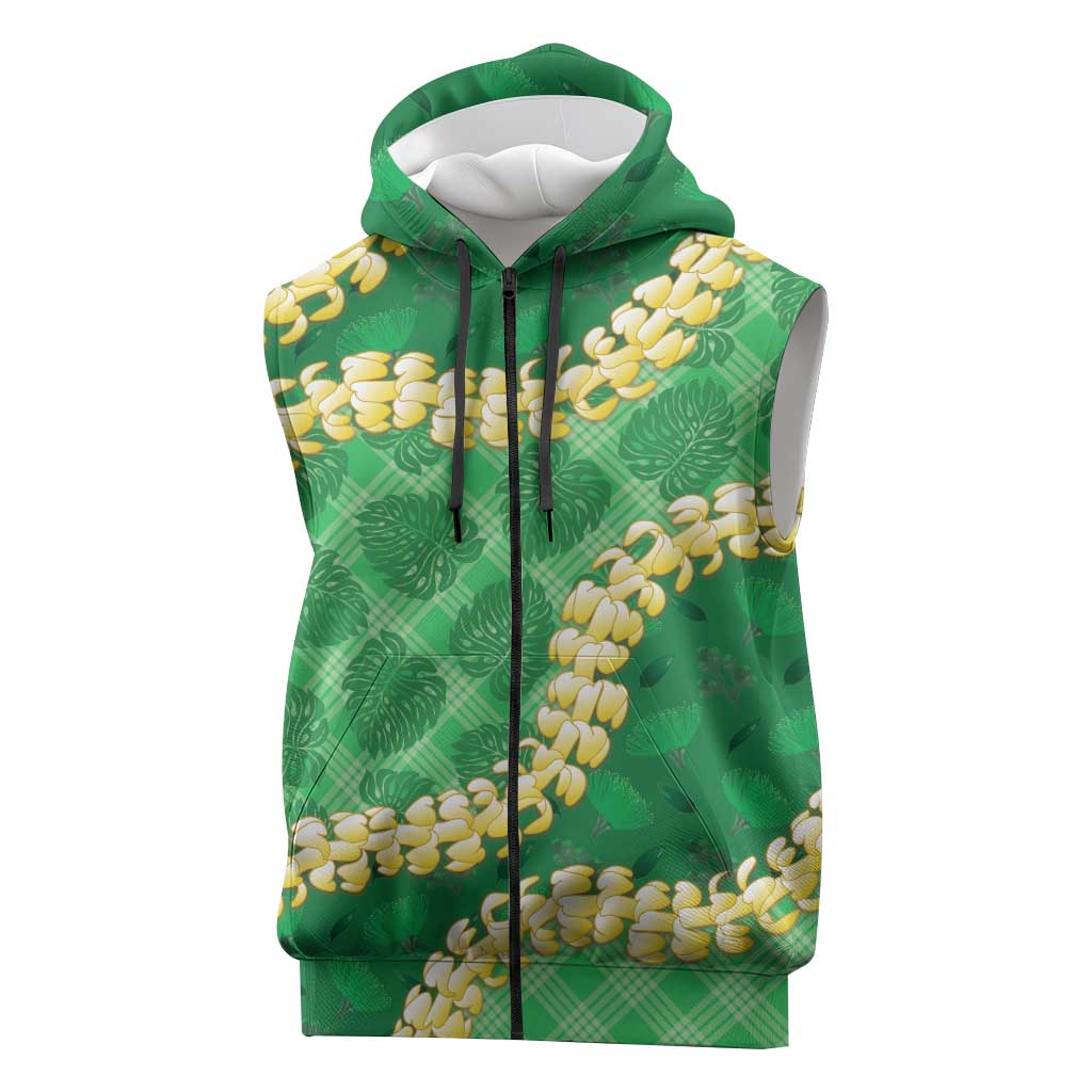 Green Palaka Hawaii Mele Kalikimaka Sleeveless Zip Hoodie Ohia Lehua Monstera Puakenikeni Lei - Polynesian Pride