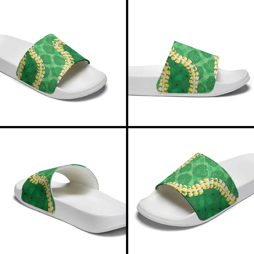 Green Palaka Hawaii Mele Kalikimaka Slide Sandals Ohia Lehua Monstera Puakenikeni Lei LT14 - Polynesian Pride