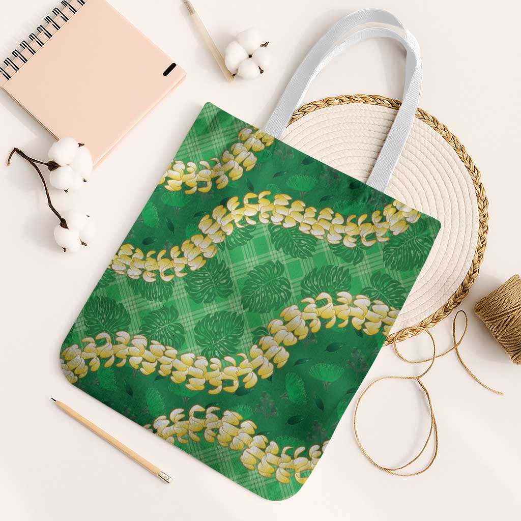 Green Palaka Hawaii Mele Kalikimaka Tote Bag Ohia Lehua Monstera Puakenikeni Lei LT14 White Strap One Size Green - Polynesian Pride
