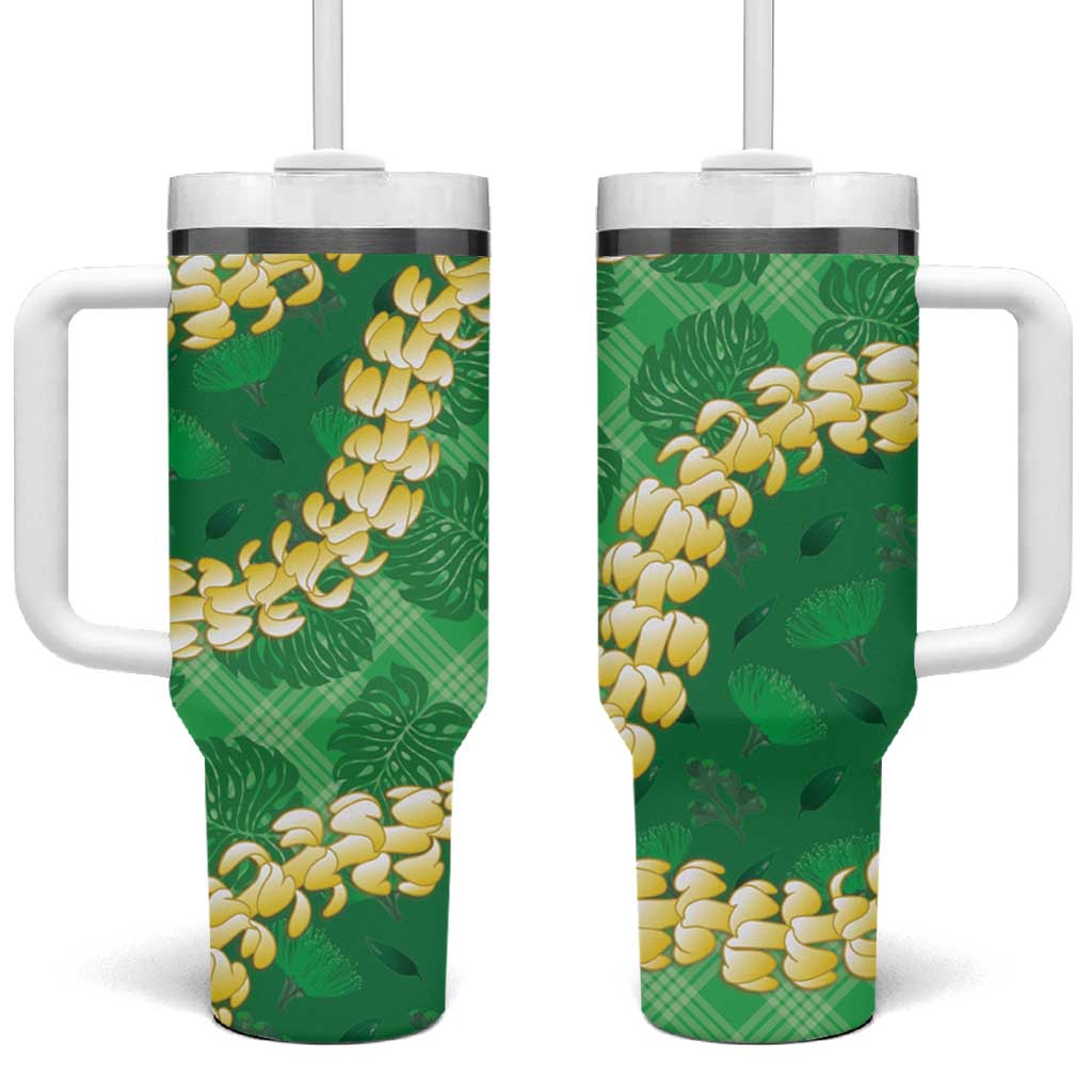 Green Palaka Hawaii Mele Kalikimaka Tumbler With Handle Ohia Lehua Monstera Puakenikeni Lei LT14 One Size: 40 oz Green - Polynesian Pride