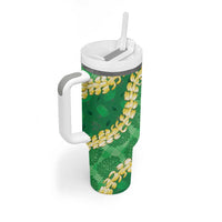 Green Palaka Hawaii Mele Kalikimaka Tumbler With Handle Ohia Lehua Monstera Puakenikeni Lei LT14 - Polynesian Pride