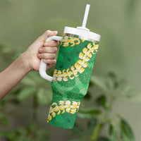 Green Palaka Hawaii Mele Kalikimaka Tumbler With Handle Ohia Lehua Monstera Puakenikeni Lei LT14 - Polynesian Pride