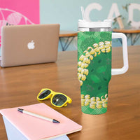 Green Palaka Hawaii Mele Kalikimaka Tumbler With Handle Ohia Lehua Monstera Puakenikeni Lei LT14 - Polynesian Pride