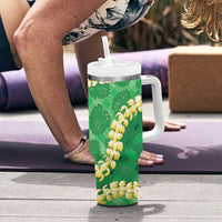 Green Palaka Hawaii Mele Kalikimaka Tumbler With Handle Ohia Lehua Monstera Puakenikeni Lei LT14 - Polynesian Pride