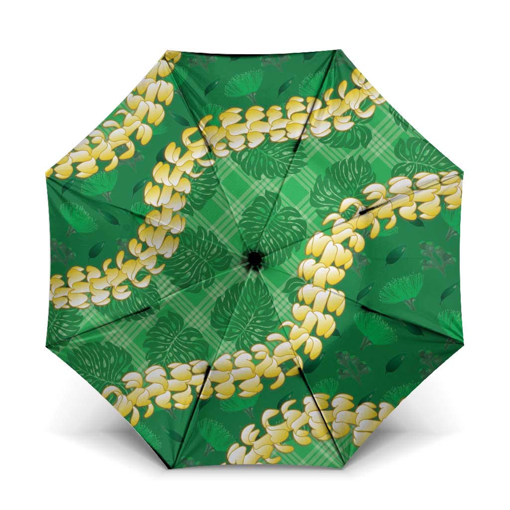 Green Palaka Hawaii Mele Kalikimaka Umbrella Ohia Lehua Monstera Puakenikeni Lei LT14 One Size Folded 11.42 inch Opened Diameter 37.4 inch Green - Polynesian Pride