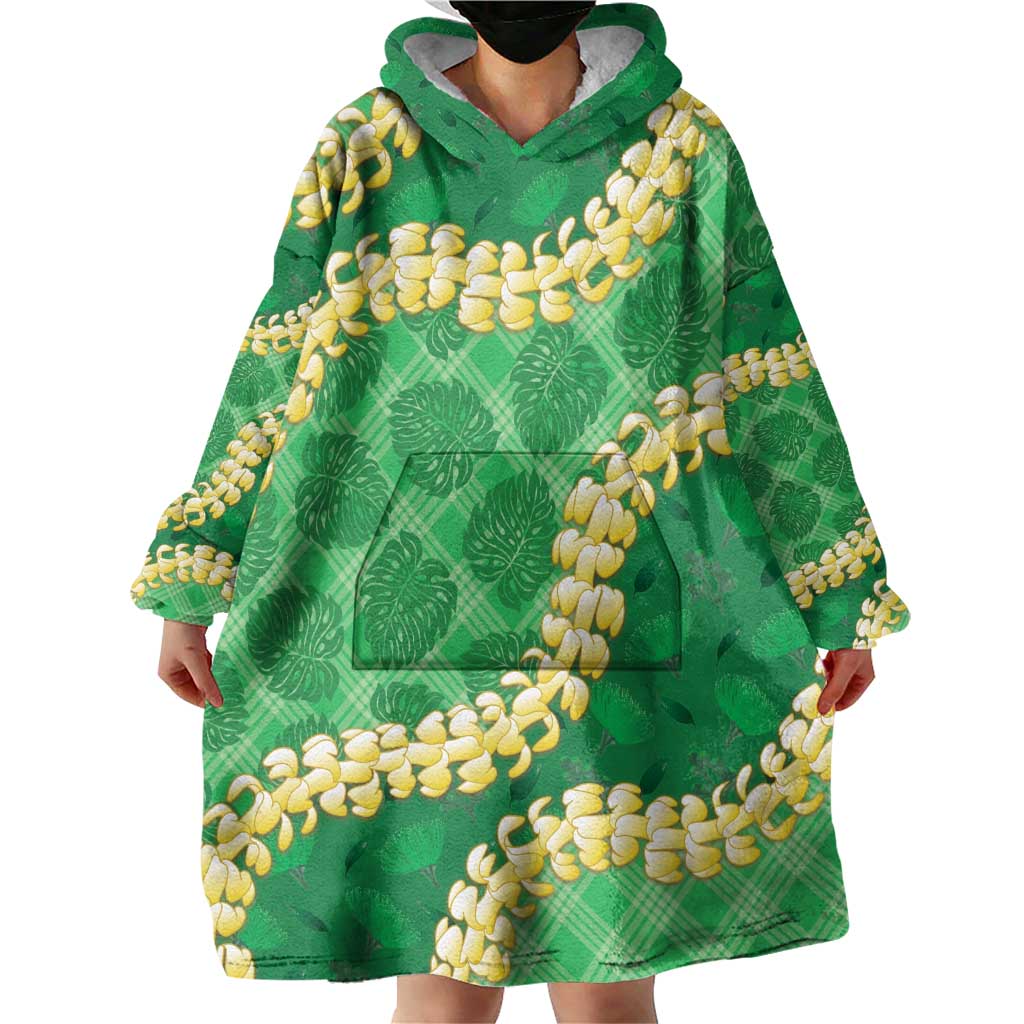 Green Palaka Hawaii Mele Kalikimaka Wearable Blanket Hoodie Ohia Lehua Monstera Puakenikeni Lei LT14 - Polynesian Pride