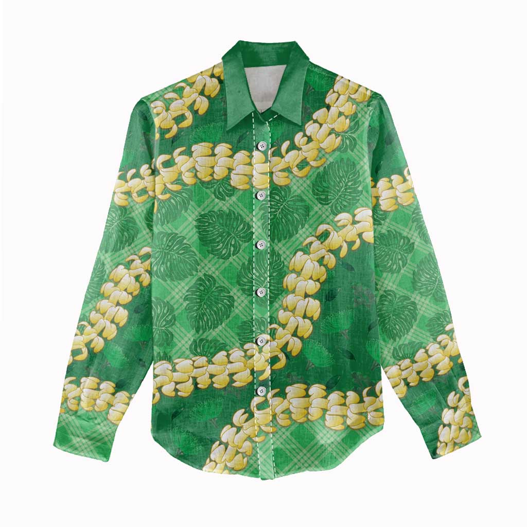 Green Palaka Hawaii Mele Kalikimaka Women Casual Shirt Ohia Lehua Monstera Puakenikeni Lei - Polynesian Pride