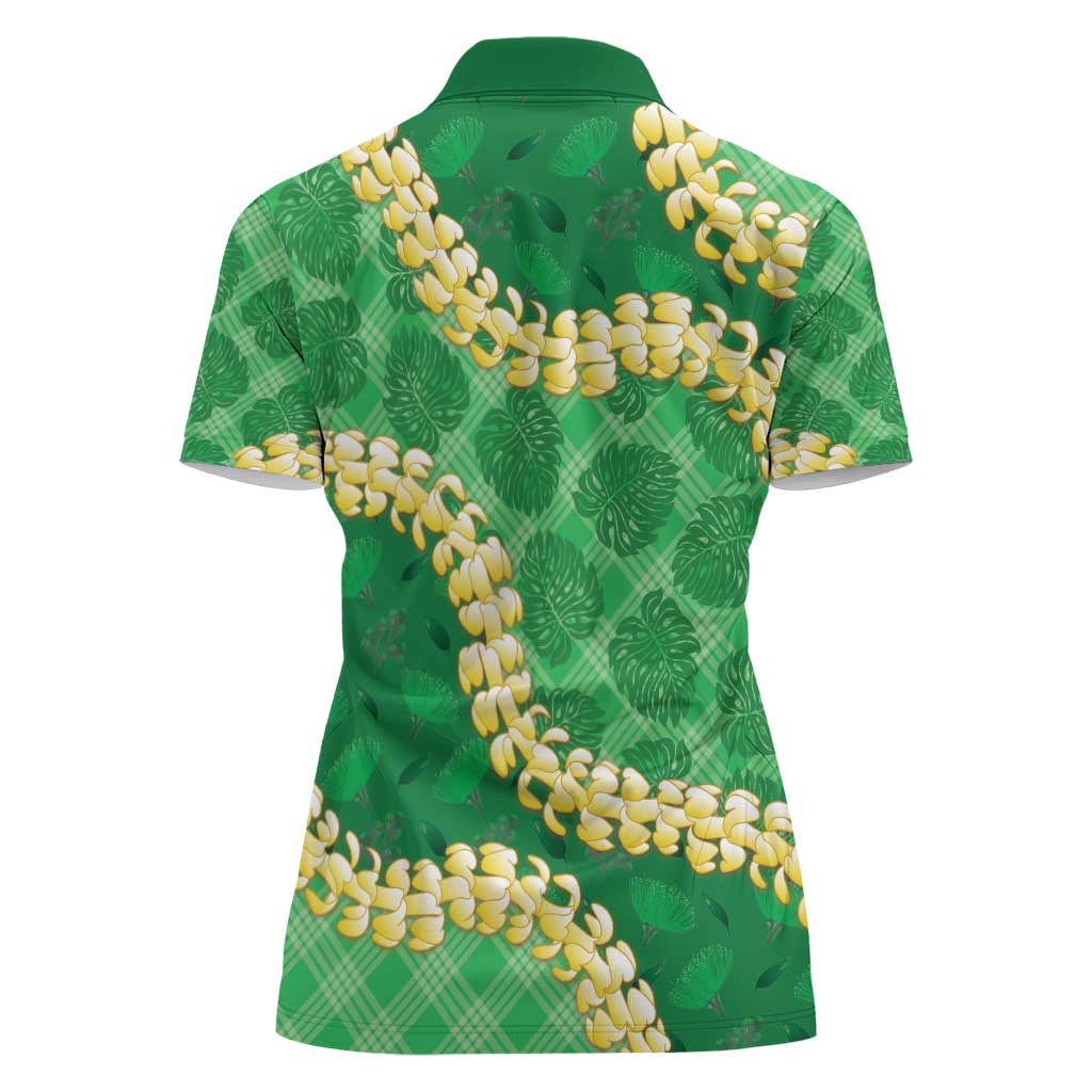 Green Palaka Hawaii Mele Kalikimaka Women Polo Shirt Ohia Lehua Monstera Puakenikeni Lei - Polynesian Pride
