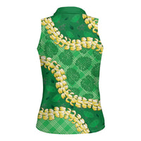 Green Palaka Hawaii Mele Kalikimaka Women Sleeveless Polo Shirt Ohia Lehua Monstera Puakenikeni Lei LT14 - Polynesian Pride