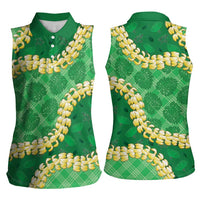 Green Palaka Hawaii Mele Kalikimaka Women Sleeveless Polo Shirt Ohia Lehua Monstera Puakenikeni Lei LT14 - Polynesian Pride