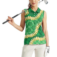Green Palaka Hawaii Mele Kalikimaka Women Sleeveless Polo Shirt Ohia Lehua Monstera Puakenikeni Lei LT14 - Polynesian Pride