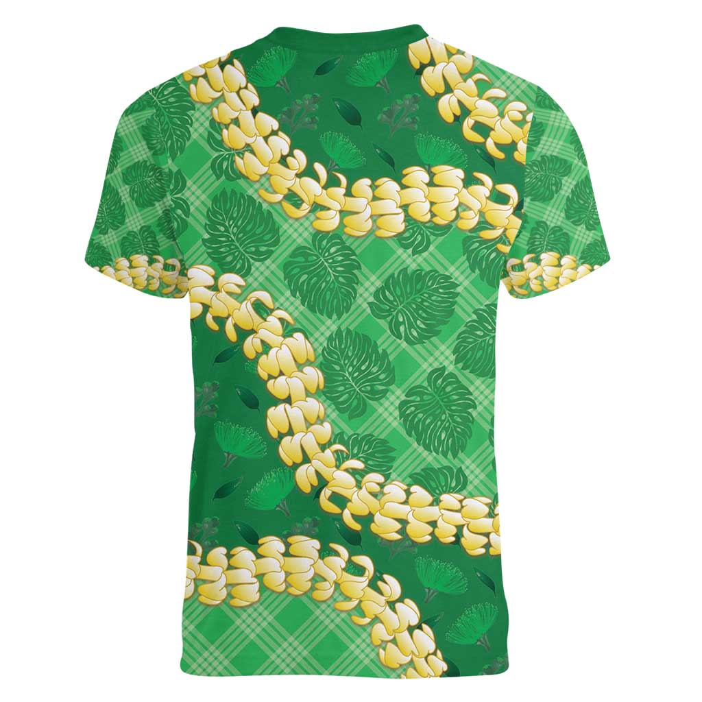 Green Palaka Hawaii Mele Kalikimaka Women V-Neck T-Shirt Ohia Lehua Monstera Puakenikeni Lei LT14 - Polynesian Pride