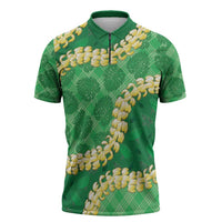 Green Palaka Hawaii Mele Kalikimaka Zipper Polo Shirt Ohia Lehua Monstera Puakenikeni Lei LT14 Green - Polynesian Pride