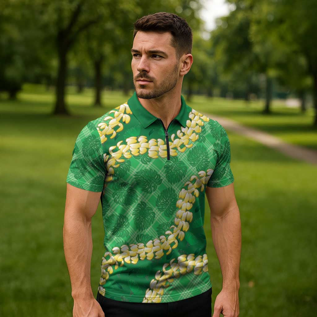 Green Palaka Hawaii Mele Kalikimaka Zipper Polo Shirt Ohia Lehua Monstera Puakenikeni Lei LT14 - Polynesian Pride