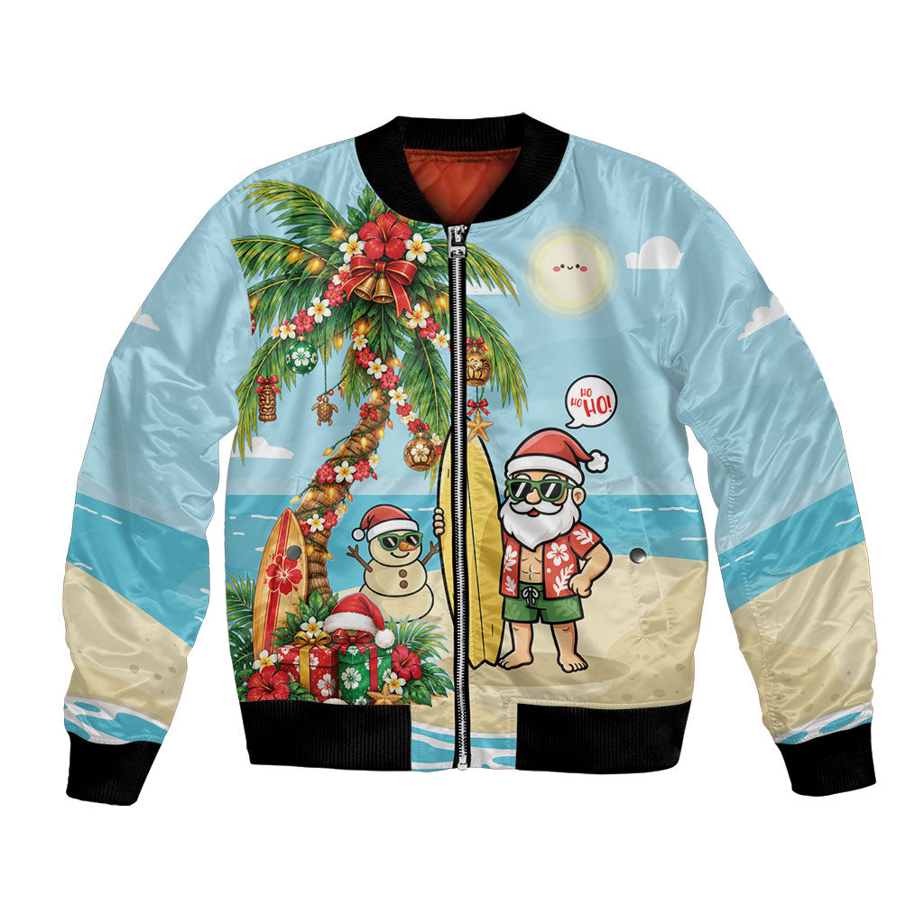 Hawaii Christmas Mele Kalikimaka Bomber Jacket Festive Palm Chilling Santa With Surfboard LT14 Unisex Blue - Polynesian Pride