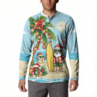 Hawaii Christmas Mele Kalikimaka Button Sweatshirt Festive Palm Chilling Santa With Surfboard LT14 - Polynesian Pride