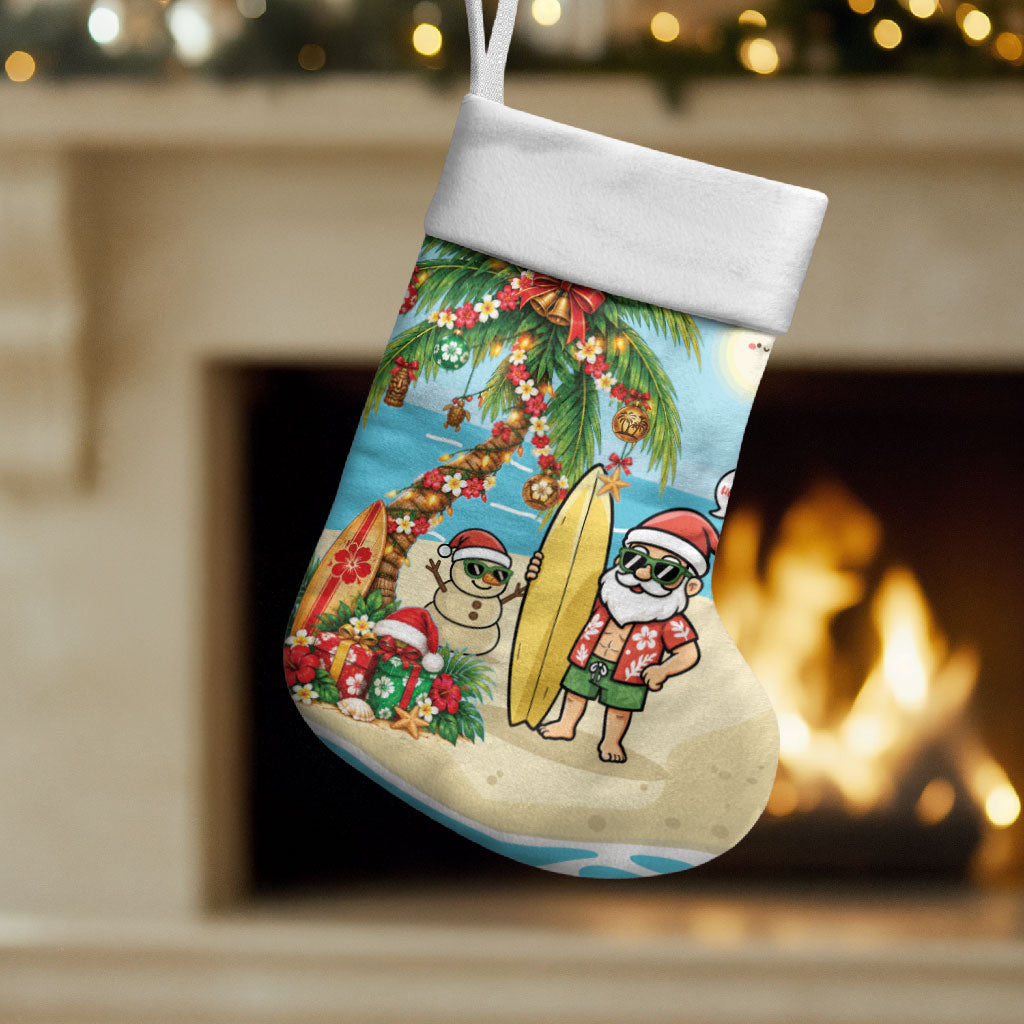 Hawaii Christmas Mele Kalikimaka Christmas Stocking Festive Palm Chilling Santa With Surfboard LT14 Set of 2 Blue - Polynesian Pride