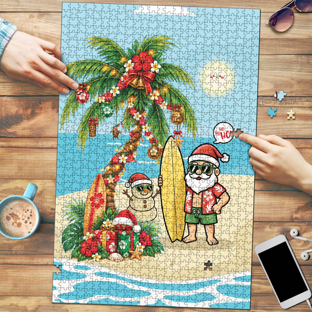 Hawaii Christmas Mele Kalikimaka Puzzle Festive Palm Chilling Santa With Surfboard LT14 Blue - Polynesian Pride