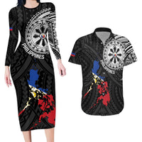 Philippines Strong Couples Matching Long Sleeve Bodycon Dress and Hawaiian Shirt Filipino Map Polynesian Tattoo LT14 Black - Polynesian Pride