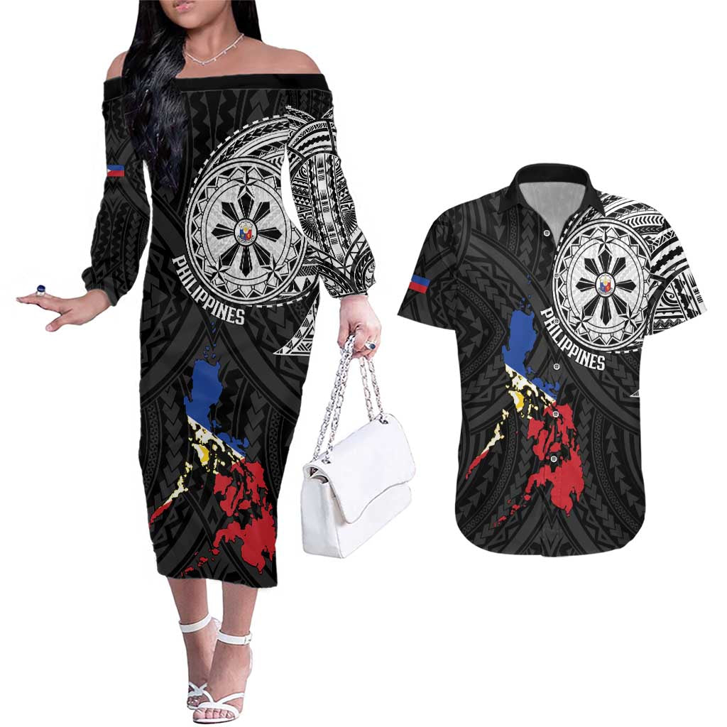 Philippines Strong Couples Matching Off The Shoulder Long Sleeve Dress and Hawaiian Shirt Filipino Map Polynesian Tattoo LT14 Black - Polynesian Pride