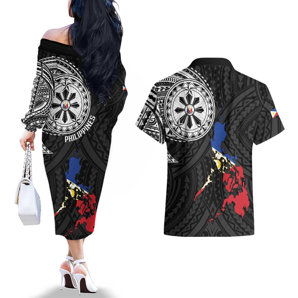 Philippines Strong Couples Matching Off The Shoulder Long Sleeve Dress and Hawaiian Shirt Filipino Map Polynesian Tattoo LT14 - Polynesian Pride
