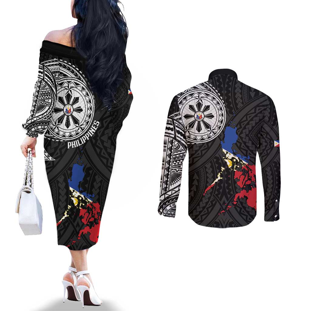 Philippines Strong Couples Matching Off The Shoulder Long Sleeve Dress and Long Sleeve Button Shirt Filipino Map Polynesian Tattoo LT14 - Polynesian Pride