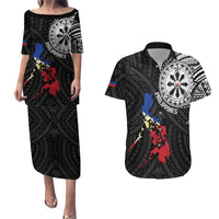 Philippines Strong Couples Matching Puletasi and Hawaiian Shirt Filipino Map Polynesian Tattoo LT14 Black - Polynesian Pride