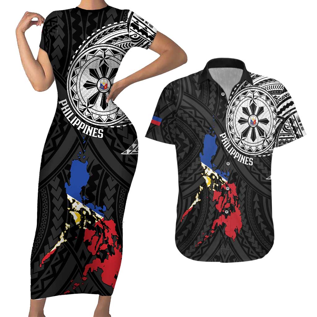 Philippines Strong Couples Matching Short Sleeve Bodycon Dress and Hawaiian Shirt Filipino Map Polynesian Tattoo LT14 Black - Polynesian Pride