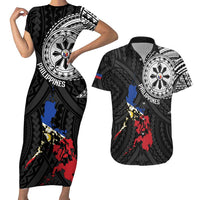 Philippines Strong Couples Matching Short Sleeve Bodycon Dress and Hawaiian Shirt Filipino Map Polynesian Tattoo LT14 Black - Polynesian Pride