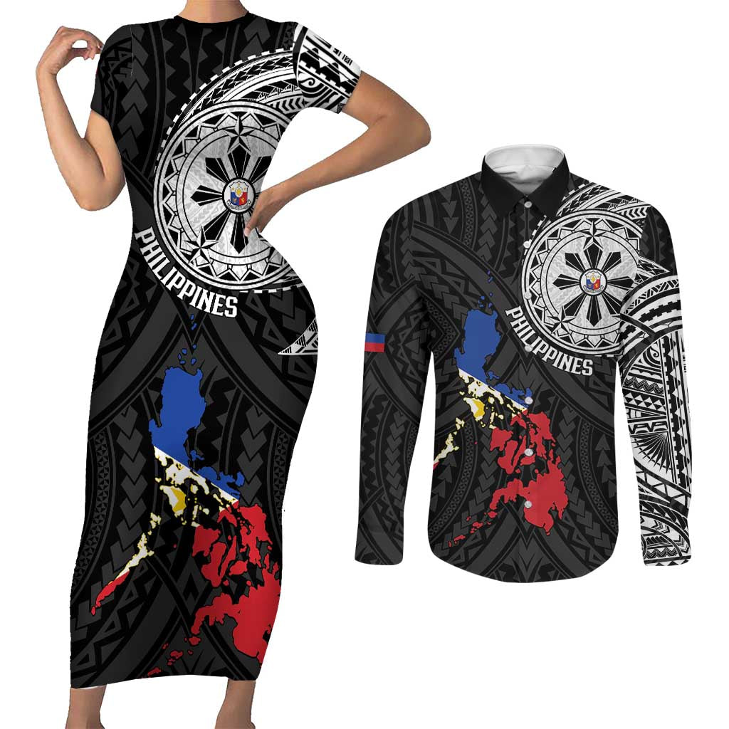 Philippines Strong Couples Matching Short Sleeve Bodycon Dress and Long Sleeve Button Shirt Filipino Map Polynesian Tattoo - Polynesian Pride