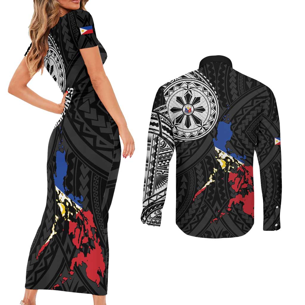 Philippines Strong Couples Matching Short Sleeve Bodycon Dress and Long Sleeve Button Shirt Filipino Map Polynesian Tattoo - Polynesian Pride