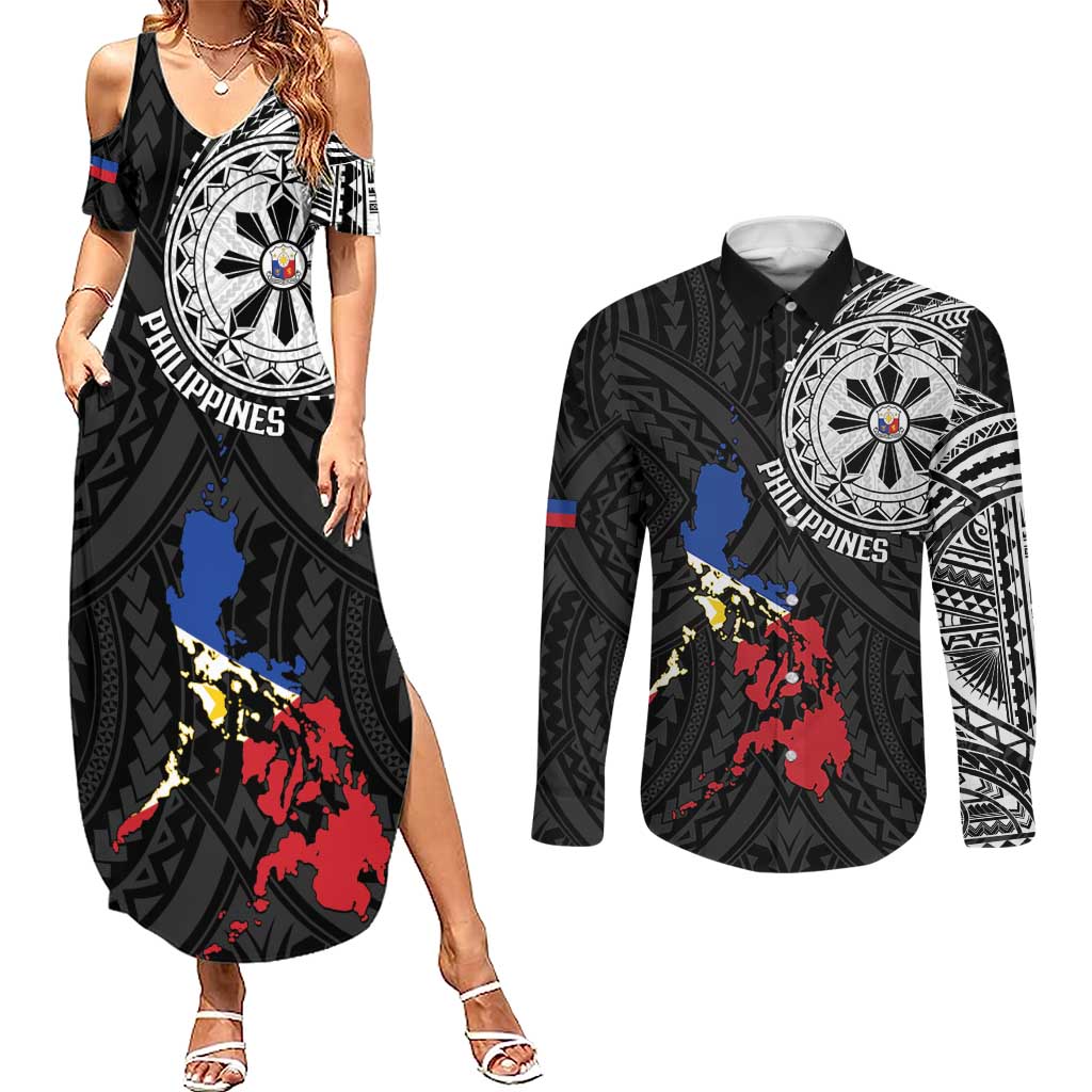 Philippines Strong Couples Matching Summer Maxi Dress and Long Sleeve Button Shirt Filipino Map Polynesian Tattoo - Polynesian Pride
