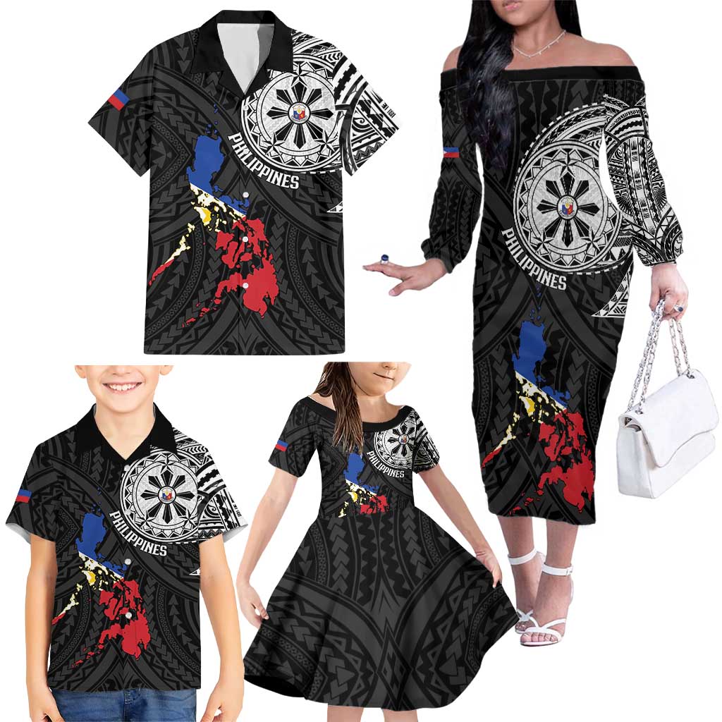 Philippines Strong Family Matching Off The Shoulder Long Sleeve Dress and Hawaiian Shirt Filipino Map Polynesian Tattoo - Polynesian Pride