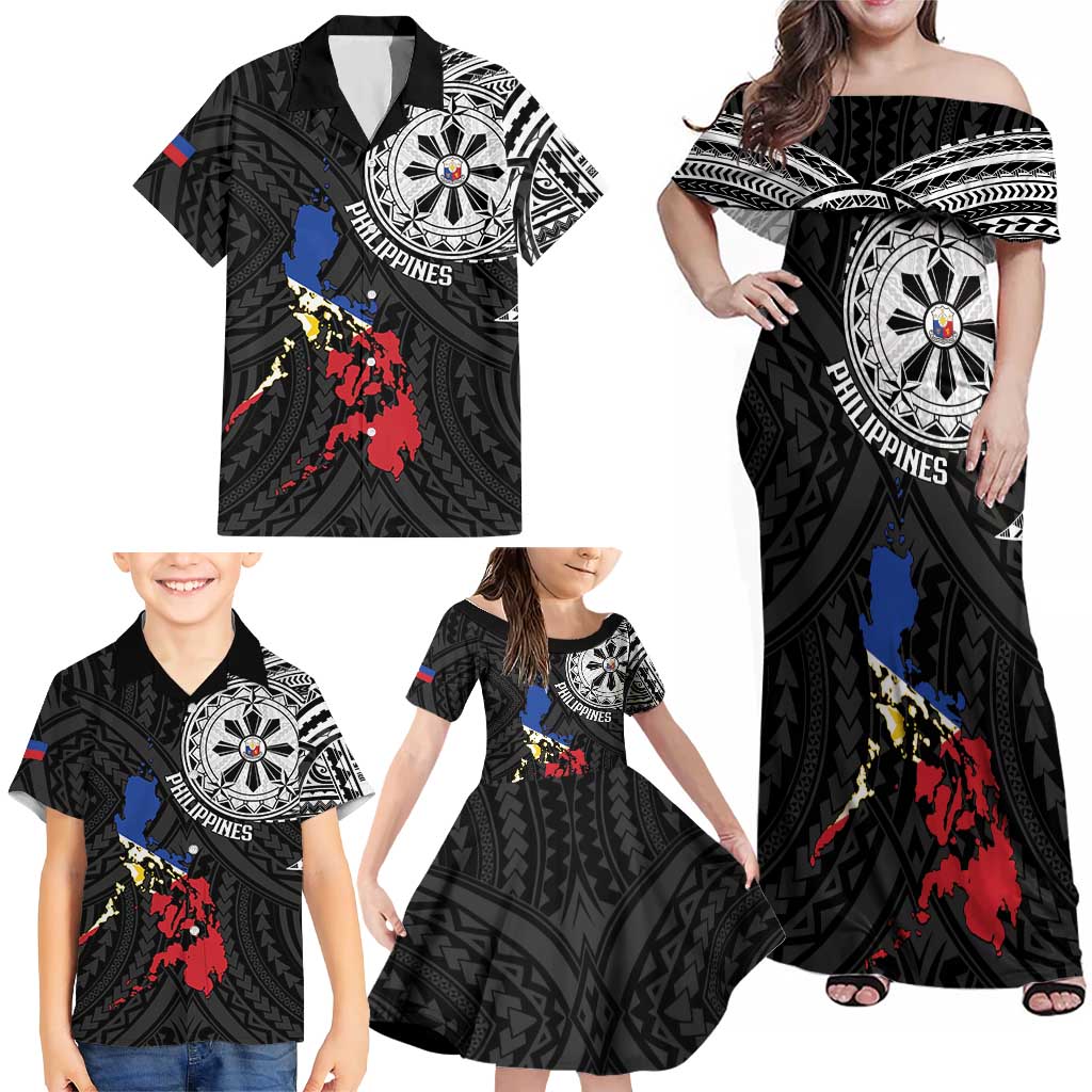Philippines Strong Family Matching Off Shoulder Maxi Dress and Hawaiian Shirt Filipino Map Polynesian Tattoo LT14 - Polynesian Pride