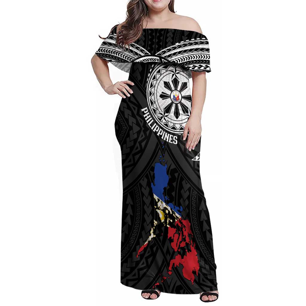 Philippines Strong Family Matching Off Shoulder Maxi Dress and Hawaiian Shirt Filipino Map Polynesian Tattoo LT14 Mom's Dress Black - Polynesian Pride