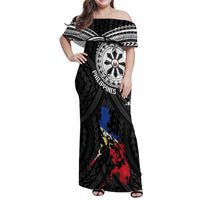 Philippines Strong Family Matching Off Shoulder Maxi Dress and Hawaiian Shirt Filipino Map Polynesian Tattoo LT14 Mom's Dress Black - Polynesian Pride