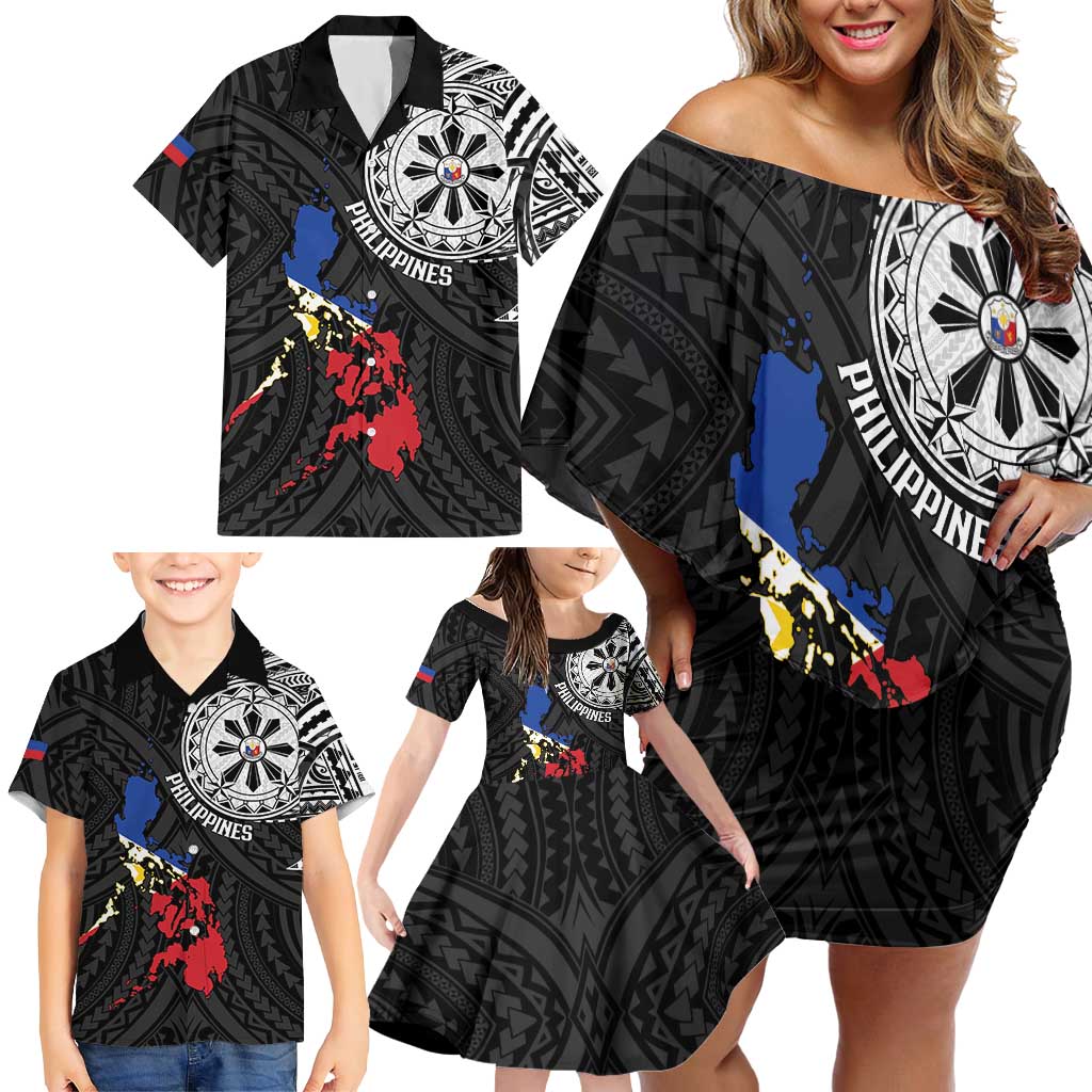 Philippines Strong Family Matching Off Shoulder Short Dress and Hawaiian Shirt Filipino Map Polynesian Tattoo - Polynesian Pride