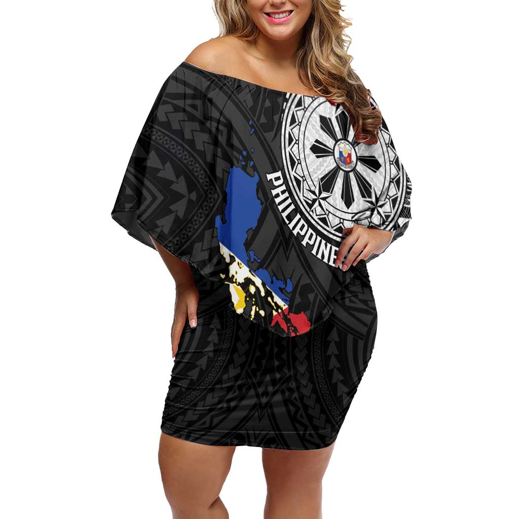 Philippines Strong Family Matching Off Shoulder Short Dress and Hawaiian Shirt Filipino Map Polynesian Tattoo LT14 Mom's Dress Black - Polynesian Pride